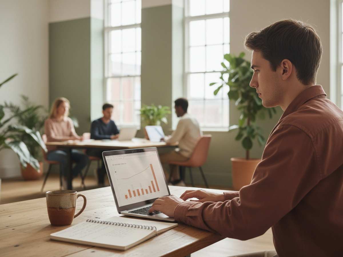 Jeune alternant en marketing digital travaillant dans un bureau lumineux
