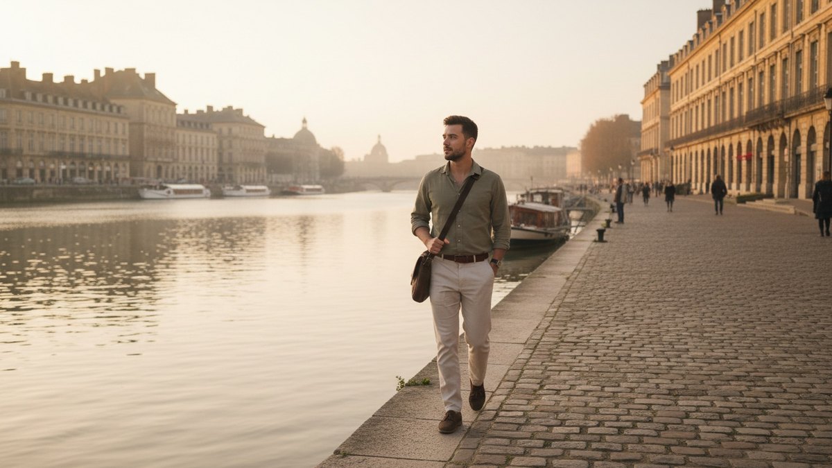 Jeune candidat en alternance marketing marchant sur les quais de Bordeaux