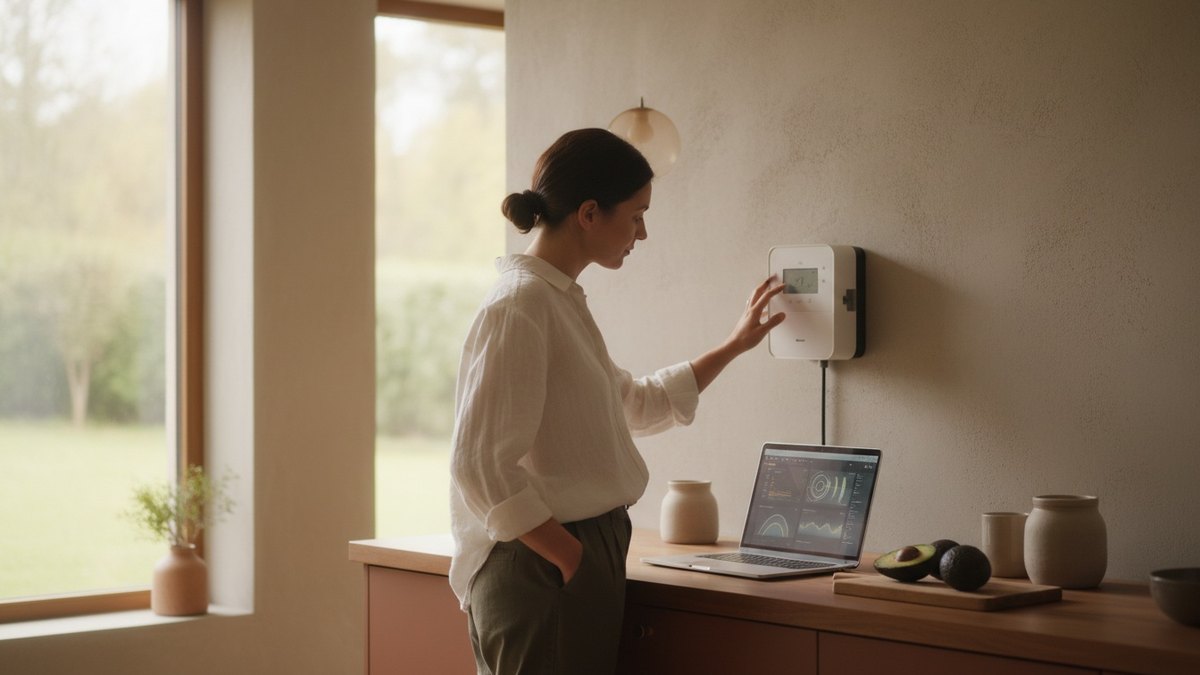Particulier consultant son compteur électrique dans une cuisine lumineuse
