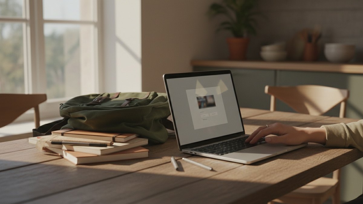 Ordinateur portable ouvert sur une table familiale avec un cartable et un cahier, une main se tendant vers le clavier