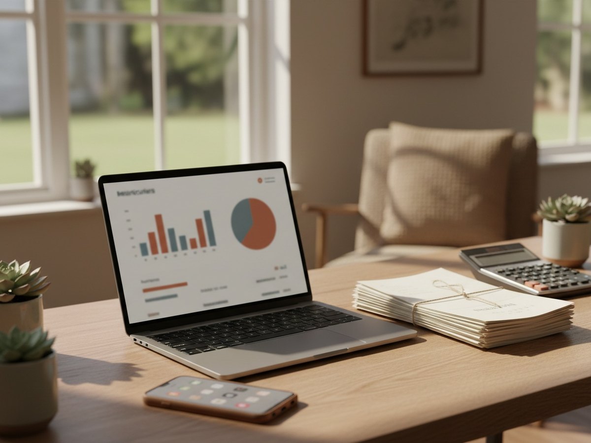 Bureau d'un dirigeant avec ordinateur, factures et calculatrice pour la gestion administrative
