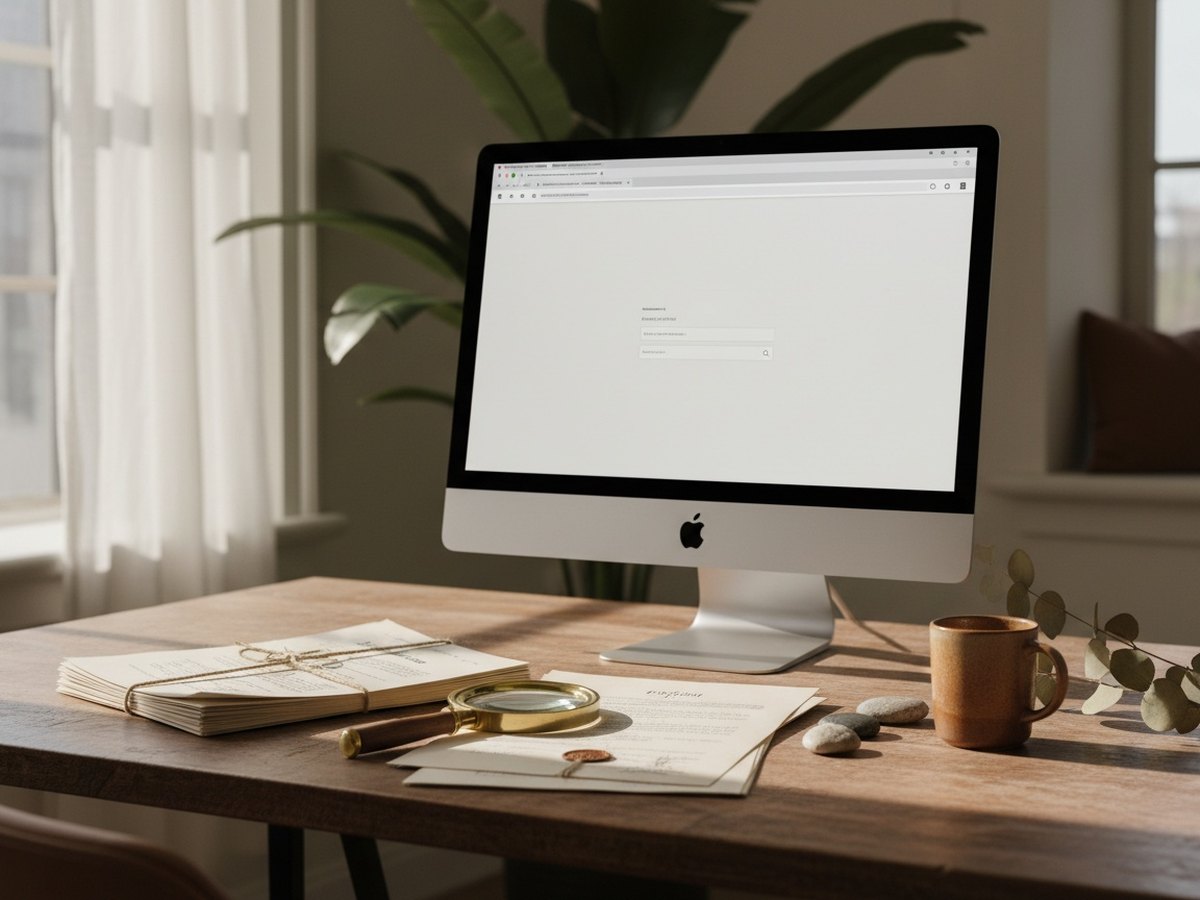 Écran d'ordinateur affichant une recherche infructueuse dans un registre d'entreprises, avec une loupe et des documents