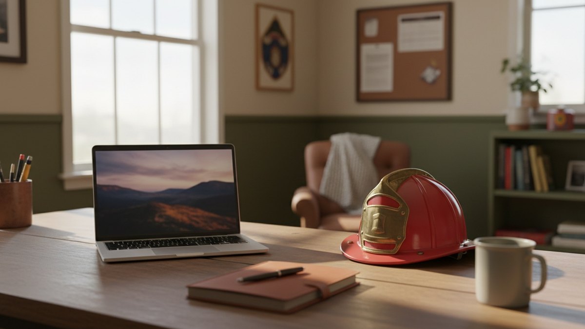 Poste de travail avec ordinateur portable dans un bureau de caserne de pompiers