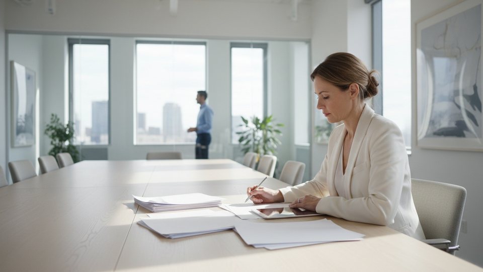 Femme en veste claire relisant des documents à une table de réunion dans un bureau lumineux